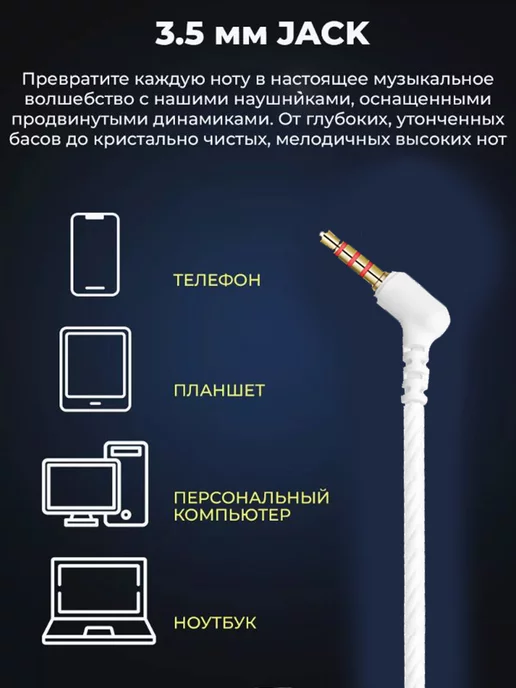 Наушники проводные с микрофоном, белый, фото 4