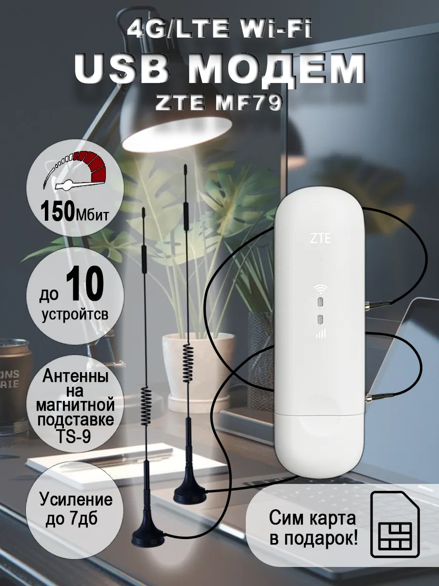 USB модем 4G MF79U с антенной на магнитной подставке TS-9