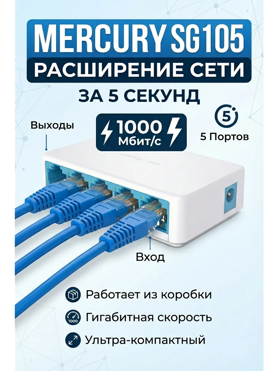 Коммутатор гигабитный 5 портов, свитч RJ45 неуправляемый