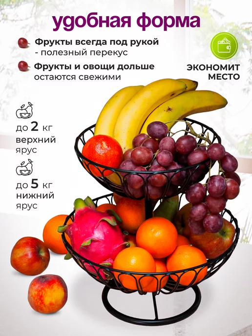 Smilеti Фруктовница металлическая двухъярусная, черный, фото 2