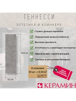 Плитка клинкерная Теннесси 1 светло-серый 24.5x6.5 см