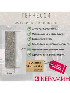 Плитка клинкерная Теннесси 1Т серый 24.5x6.5 см