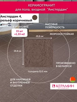 Плитка клинкерная Амстердам 4 коричн. рельефный 29.8x29.8 см