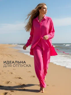 Рубашка летняя легкая с длинным рукавом Katty Po. Цвет фуксия, ярко-розовый. Вид 2.