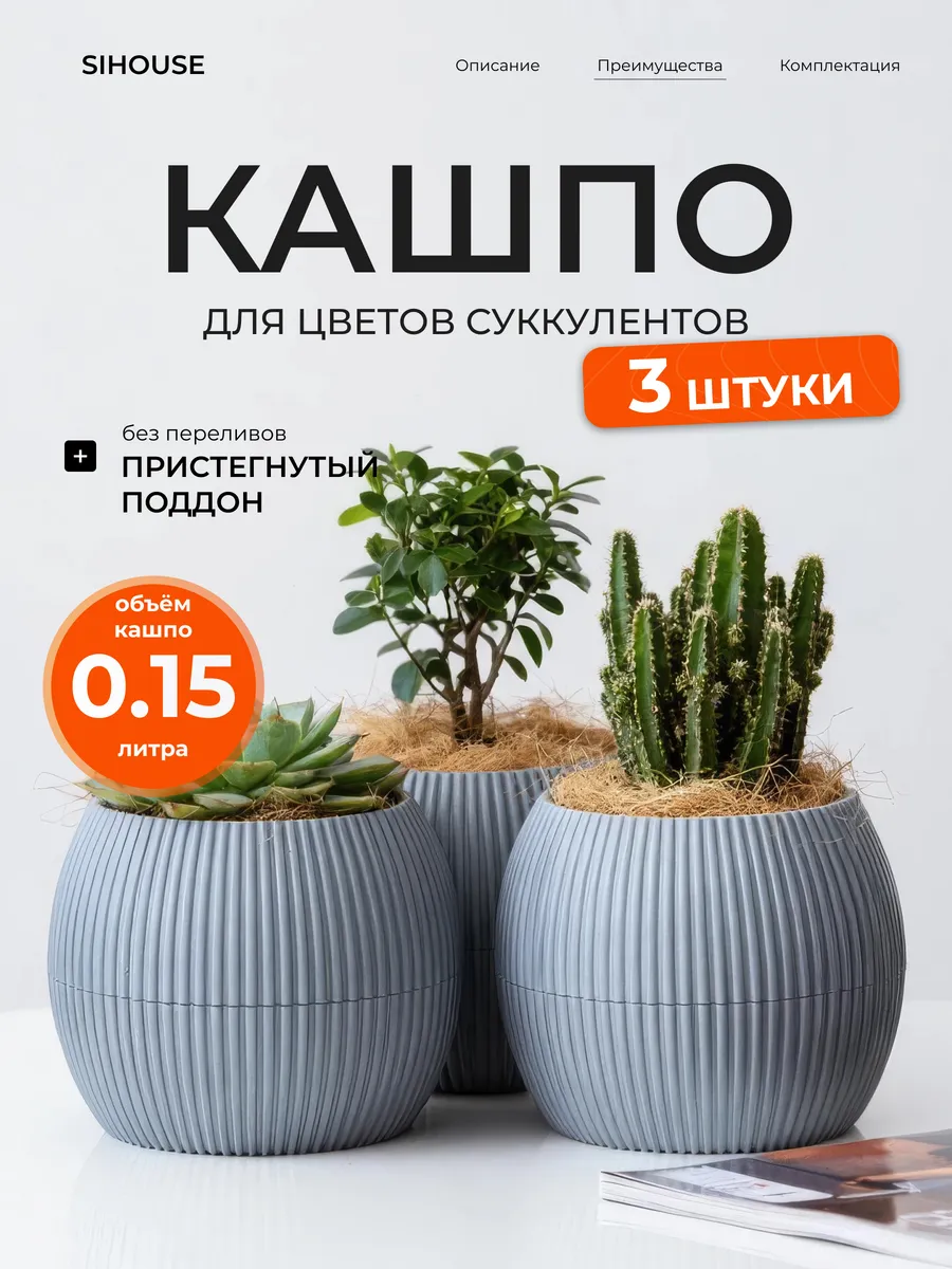 Кашпо для суккулентов и кактусов 0.15 л 3 шт