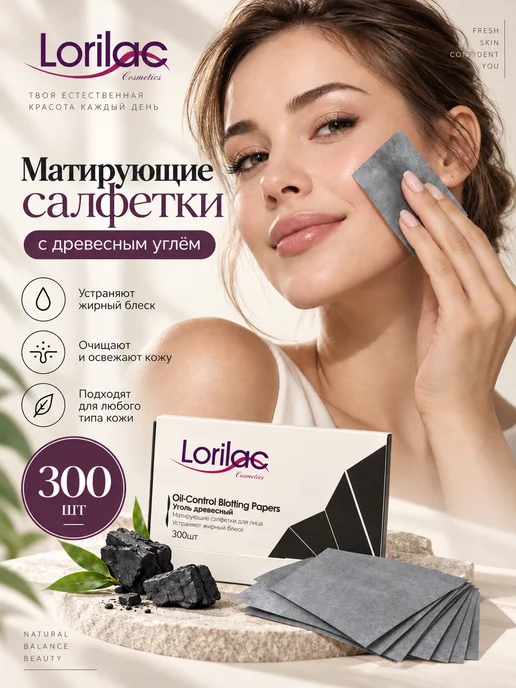 Lorilac Матирующие салфетки с древесным углем 300 шт, 300 шт