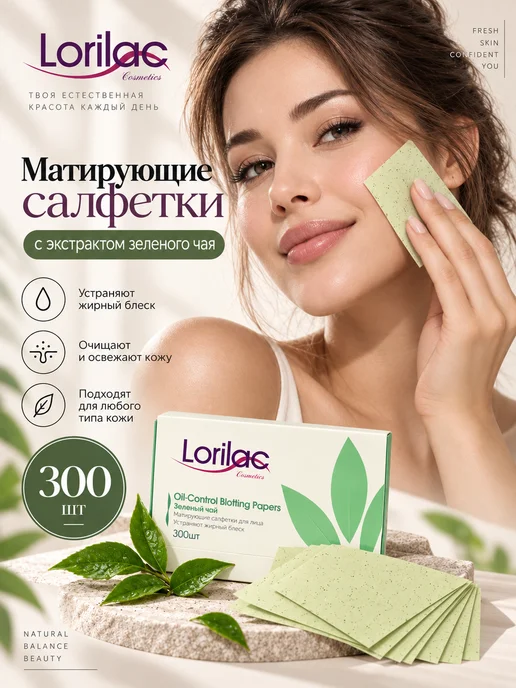 Lorilac Матирующие салфетки для лица, зеленый чай 300 шт, 300 шт