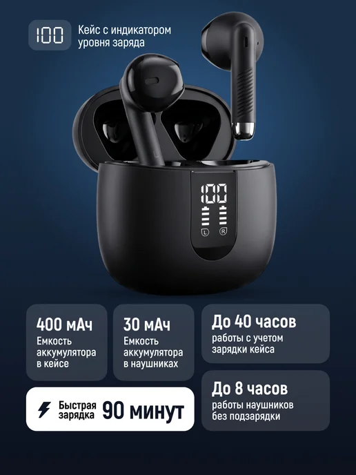 Breeks Наушники беспроводные Bluetooth с шумоподавлением, черные, черный, фото 2