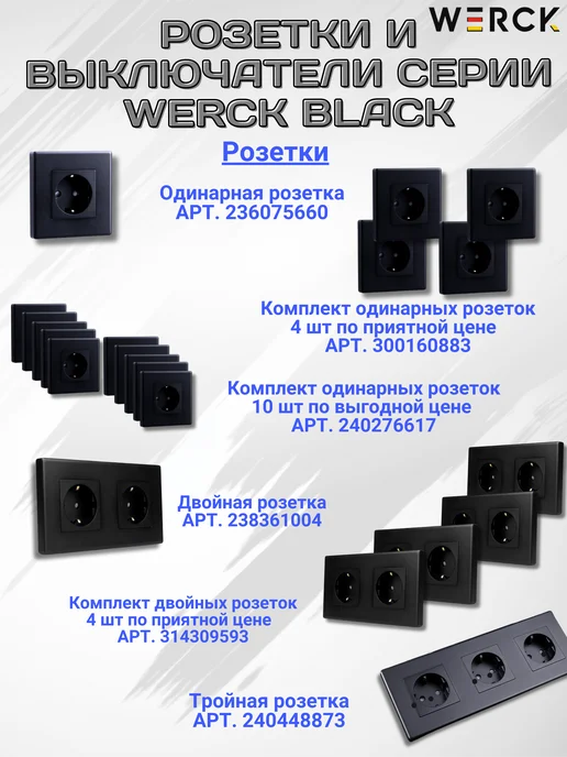 WERCK Розетка черная одинарная с заземлением и шторками, черный, фото 8