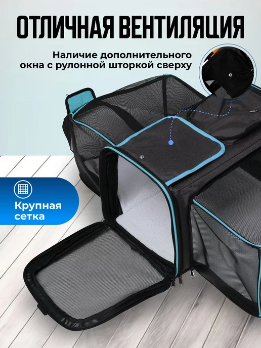 Хвостатый пассажир Большая переноска для кошек и собак складная, голубой, фото 3