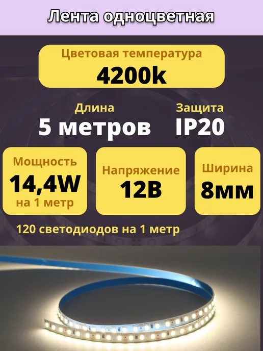 Ecola Лента светодиодная 5 метров 12V PRO IP20 4200к 120LED m, 5 м, фото 2