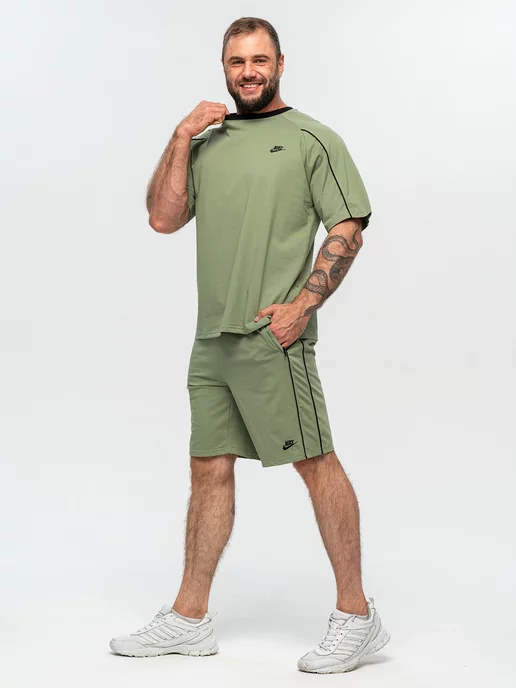 ClaBrand boutique Спортивный костюм летний хлопковый с шортами и футболкой, зеленый