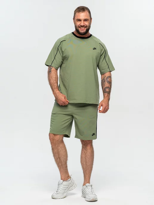 ClaBrand boutique Спортивный костюм летний хлопковый с шортами и футболкой, зеленый, фото 2
