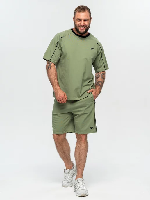 ClaBrand boutique Спортивный костюм летний хлопковый с шортами и футболкой, зеленый, фото 3