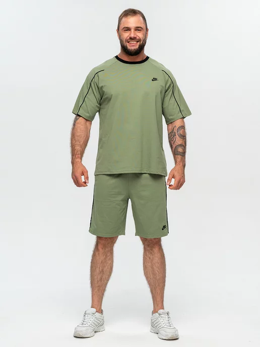 ClaBrand boutique Спортивный костюм летний хлопковый с шортами и футболкой, зеленый, фото 4