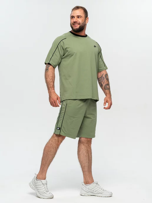 ClaBrand boutique Спортивный костюм летний хлопковый с шортами и футболкой, зеленый, фото 5