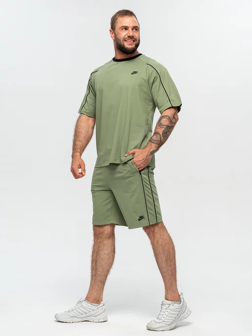 ClaBrand boutique Спортивный костюм летний хлопковый с шортами и футболкой, зеленый, фото 7