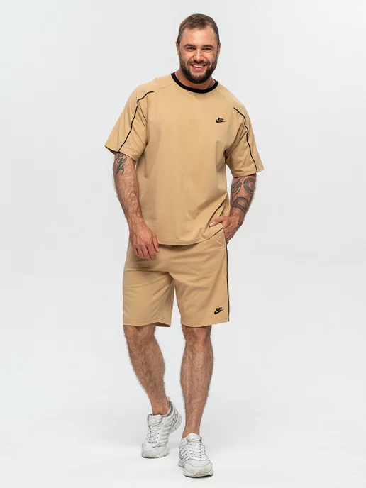 ClaBrand boutique Спортивный костюм летний хлопковый с шортами и футболкой, бежевый