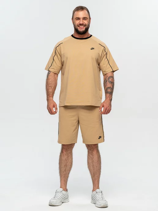 ClaBrand boutique Спортивный костюм летний хлопковый с шортами и футболкой, бежевый, фото 2