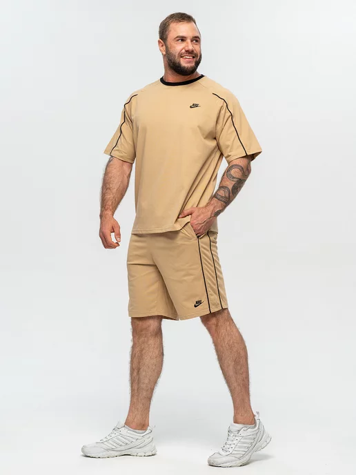 ClaBrand boutique Спортивный костюм летний хлопковый с шортами и футболкой, бежевый, фото 3