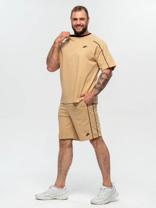 ClaBrand boutique Спортивный костюм летний хлопковый с шортами и футболкой, бежевый, фото 4