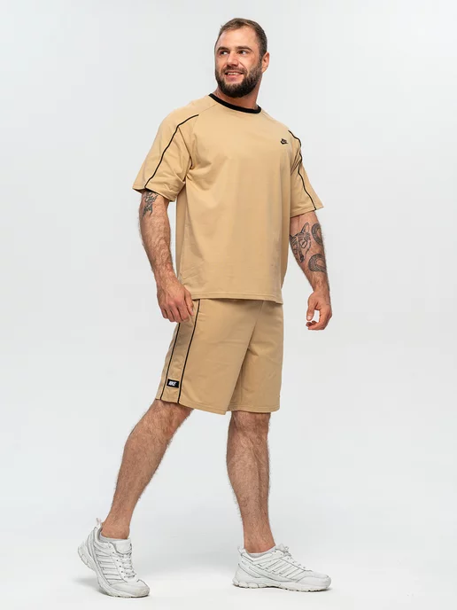ClaBrand boutique Спортивный костюм летний хлопковый с шортами и футболкой, бежевый, фото 5