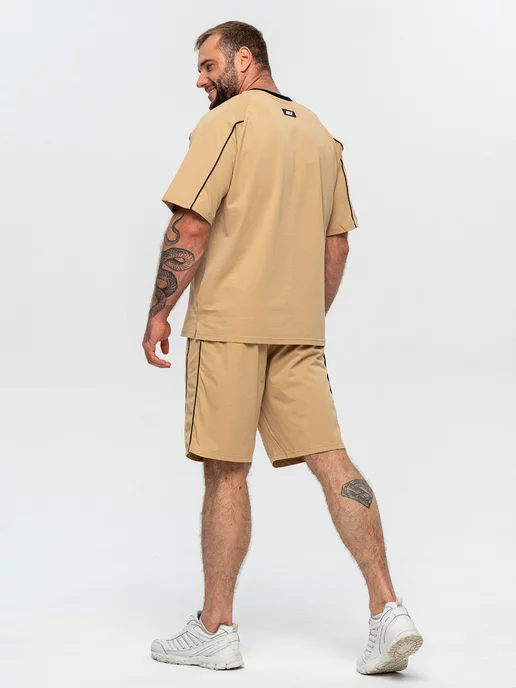 ClaBrand boutique Спортивный костюм летний хлопковый с шортами и футболкой, бежевый, фото 8