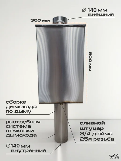 VM-company Бак для бани и сауны на трубе Ø140 прямоугольный 50 литров, черный, фото 2