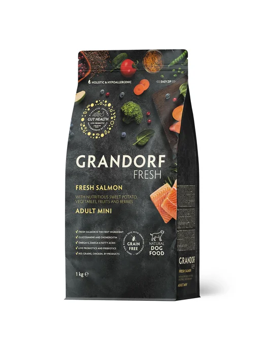 Сухой корм Grandorf fresh Филе Бататом для собак, мелкие, лосось, 1 кг