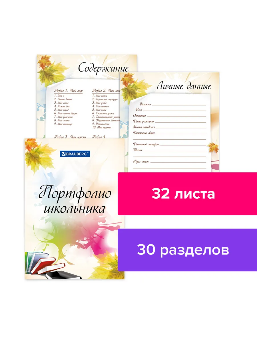 Листы-вкладыши для портфолио ШКОЛЬНИКА, 30 разделов, 32 лист