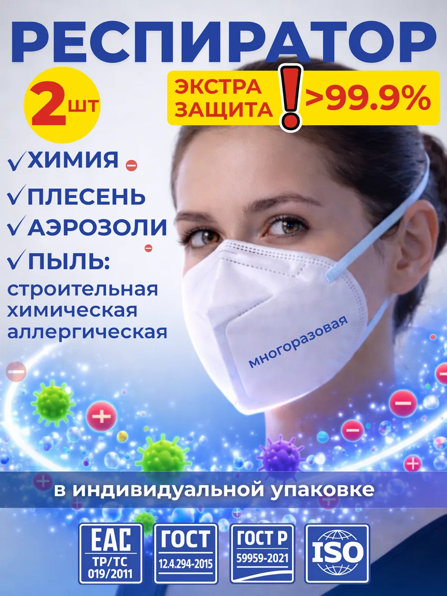 Респиратор от химии защита от пыли многоразовый 2 шт.