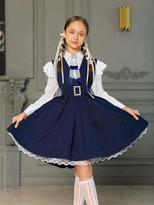 DIM KIDS Сарафан нарядный школьная форма платье, синий, фото 8