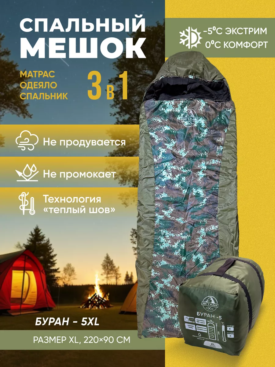 Спальный мешок туристический 3 в 1 Буран XL до -5