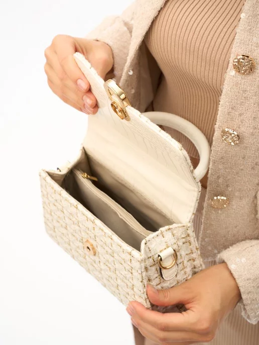 BB Bags Клатч твидовый вечерний через плечо, белый, фото 4