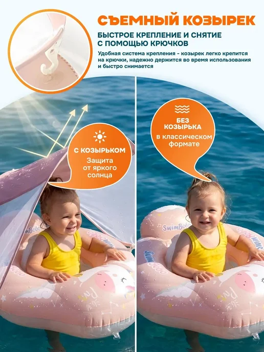 Be Happy Круг для плавания новорожденных с козырьком, розовый, фото 3