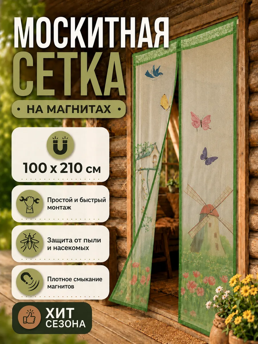Москитная сетка штора на дверь на магнитах 100*210