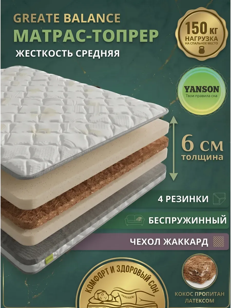 Матрас топпер 6 см кокос-пена ортопедический 160х195