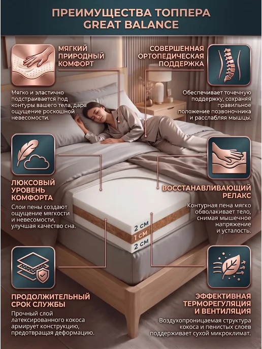 YANSON Твои правила сна Матрас топпер 6 см кокос-пена ортопедический 80х190, 140x195, фото 5