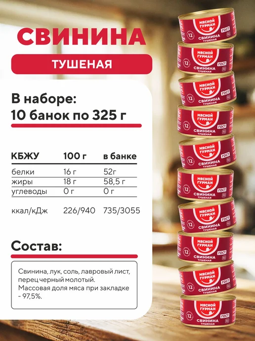 Мясной Гурман Тушенка свиная высший сорт, консервы набор 10 шт. по 325 г, 10 шт, 325 г, фото 2