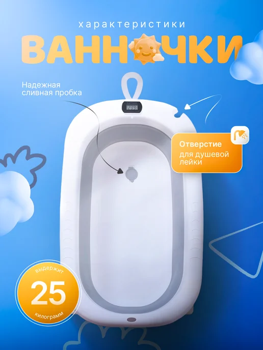 AMI Ванночка для купания новорожденных складная с термометром, белый, фото 2