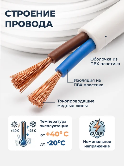 Нет бренда Кабель электрический 2х2,5 ТУ белый 10м, 2x2.5, 15 м, фото 2
