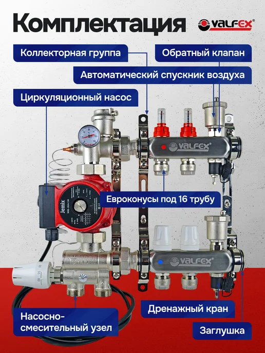 VALFEX Комплект для теплого водяного пола с насосом 2 контура, вариант, фото 2