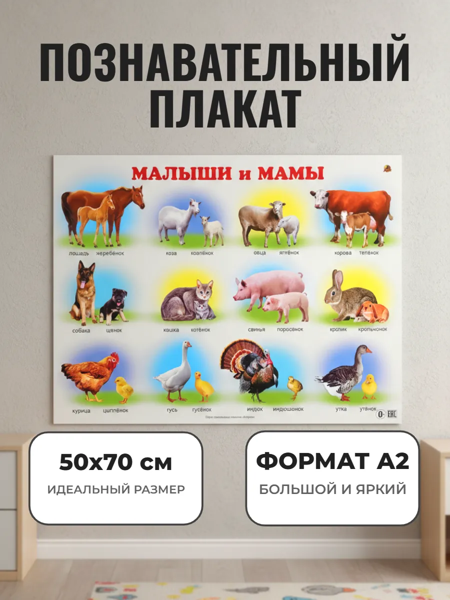 Развивающий плакат А2. Малыши и мамы