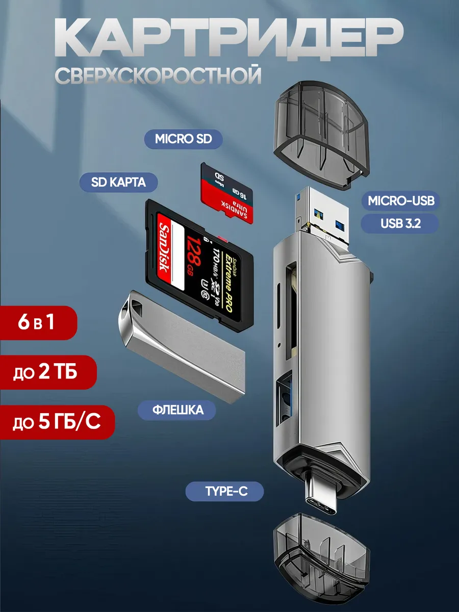 Переходник 3.0 для карт памяти USB, SD и Micro SD, TF