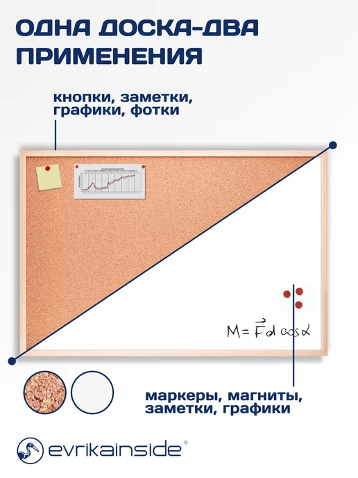 Evrikainside Доска 2в1 пробковая и магнитно-маркерная в раме 80Х115 см, 45x60 см, фото 2
