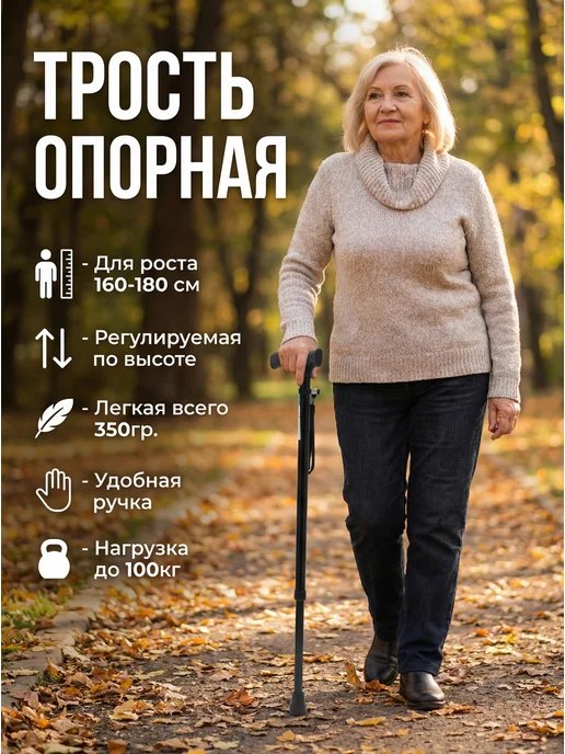 Общая высота, см 80,5-90,5 Трость опорная для роста 160- 180, черный