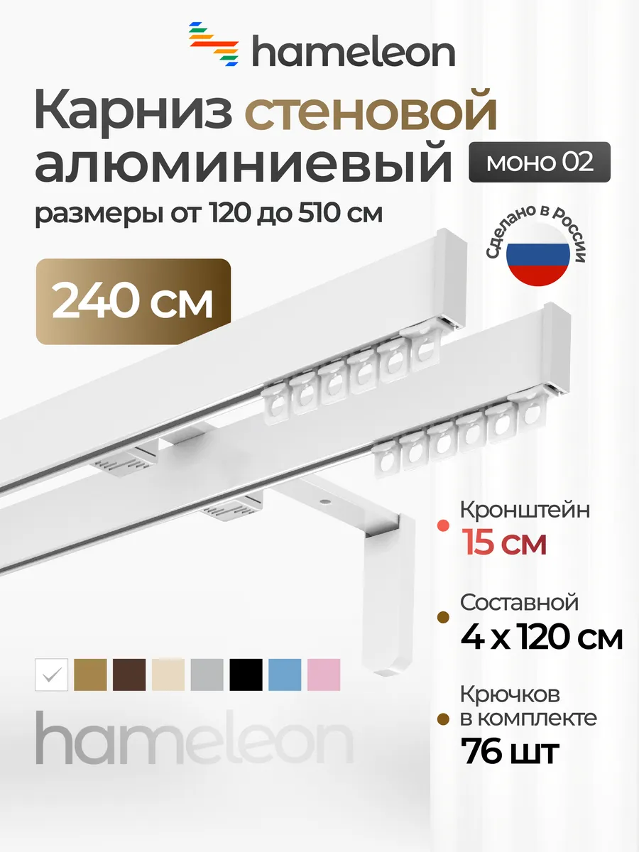 Карниз для штор 240см настенный двухрядный из алюминия