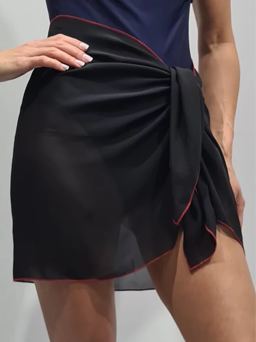 Reverans Swim Парео пляжное из шифона черное c красным кантом 50*145, черный, фото 3