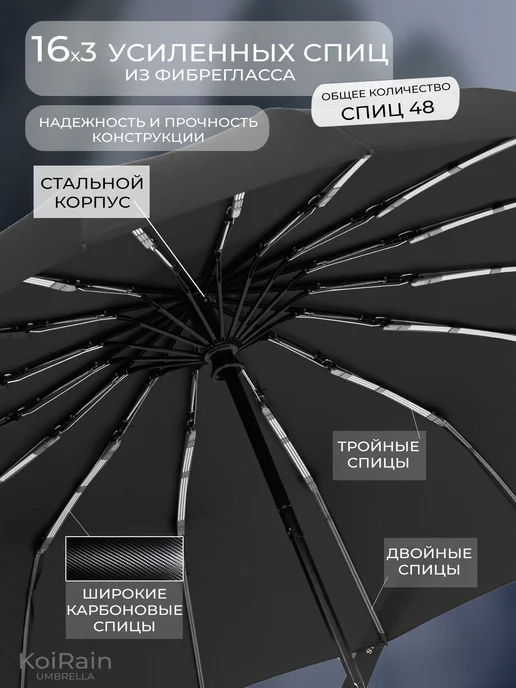 KOIRAIN Зонт автомат складной антиветер, черный, фото 3