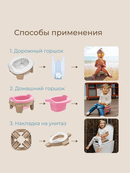 ROXY-KIDS Горшок детский складной дорожный 3в1 для малышей с пакетами, розовый, фото 2